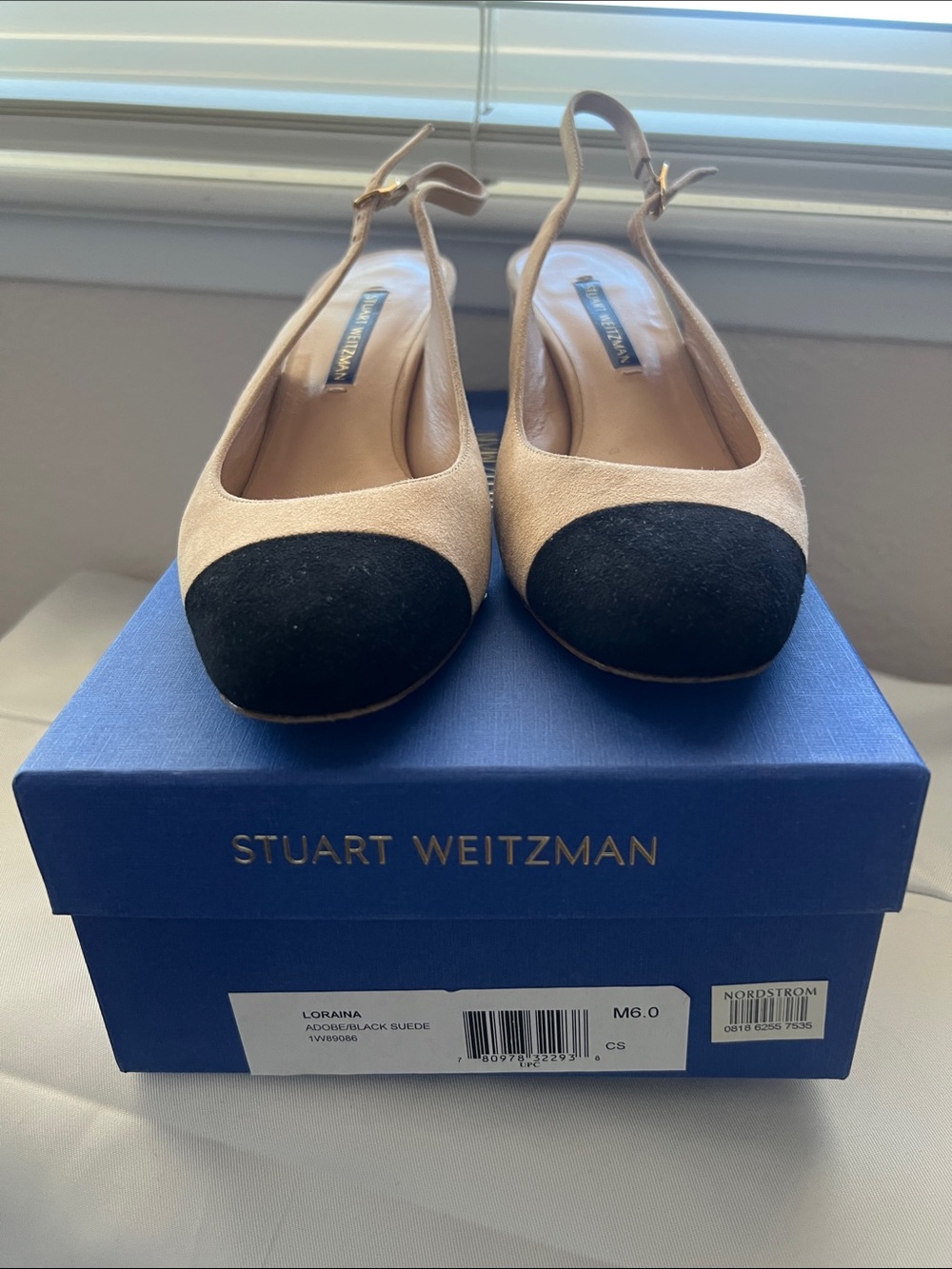 Stuart Weitzman Two-Tone Beige and Black Suede Slingbacks